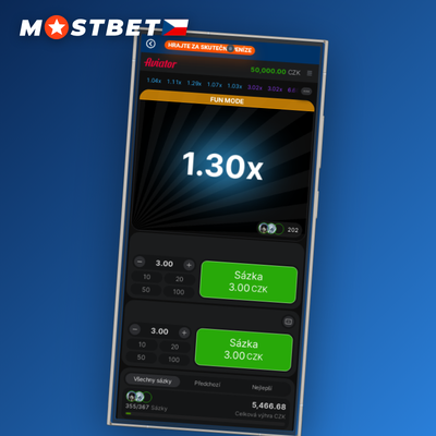 Mostbet Aviator app zobrazuje stoupající multiplikátor letadla na mobilní obrazovce