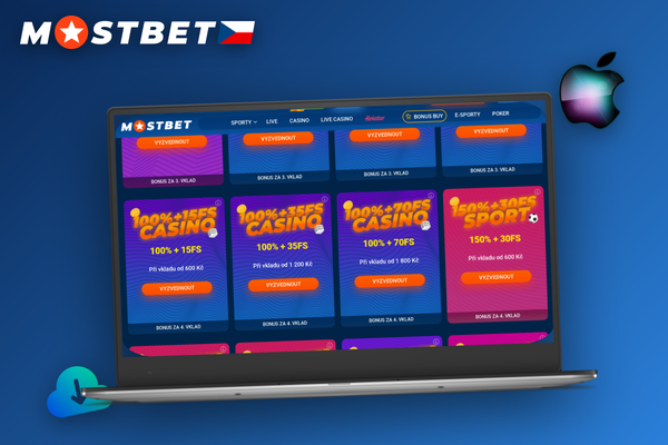 Hráč objevuje Mostbet casino bonus na uvítací obrazovce notebooku