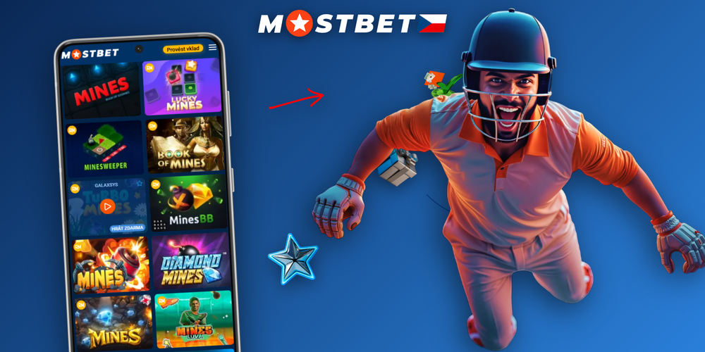 Mostbet Mines banner: křivka násobiče s body cash out a ikonami limitů výběru