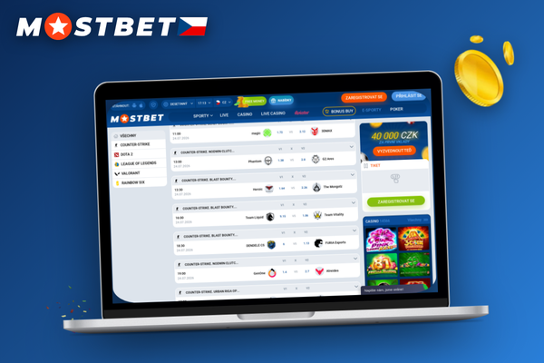 Registrační formulář Mostbet na notebooku s vyplněným promo kódem BETBONUSCZ